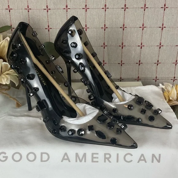 Good American 'Jeweled Emma” Clear PUMP Size 9 Light Smoke Black New Stiletto - Picture 2 of 7